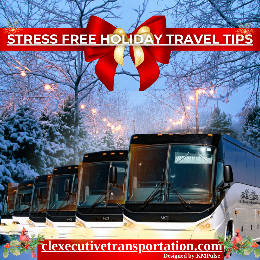 A festive holiday-themed image showcasing a fleet of sleek C & L Executive Transportation buses, set against a snowy, tree-lined background with string lights, a red bow, and snowflakes, symbolizing stress-free group holiday travel.